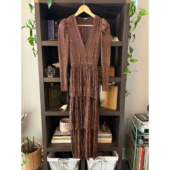 Sabina Musayev Carry Long Sleeve Bronze Metallic Tiered Midi Dress No Belt XS - Picture 4 of 11